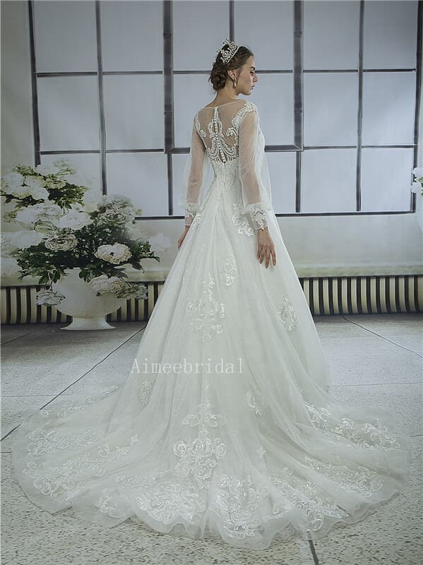 A-line Jewel sweet neckline chapel train lace/shine sequin beading with french lace custom wedding dress gown with nice back button.