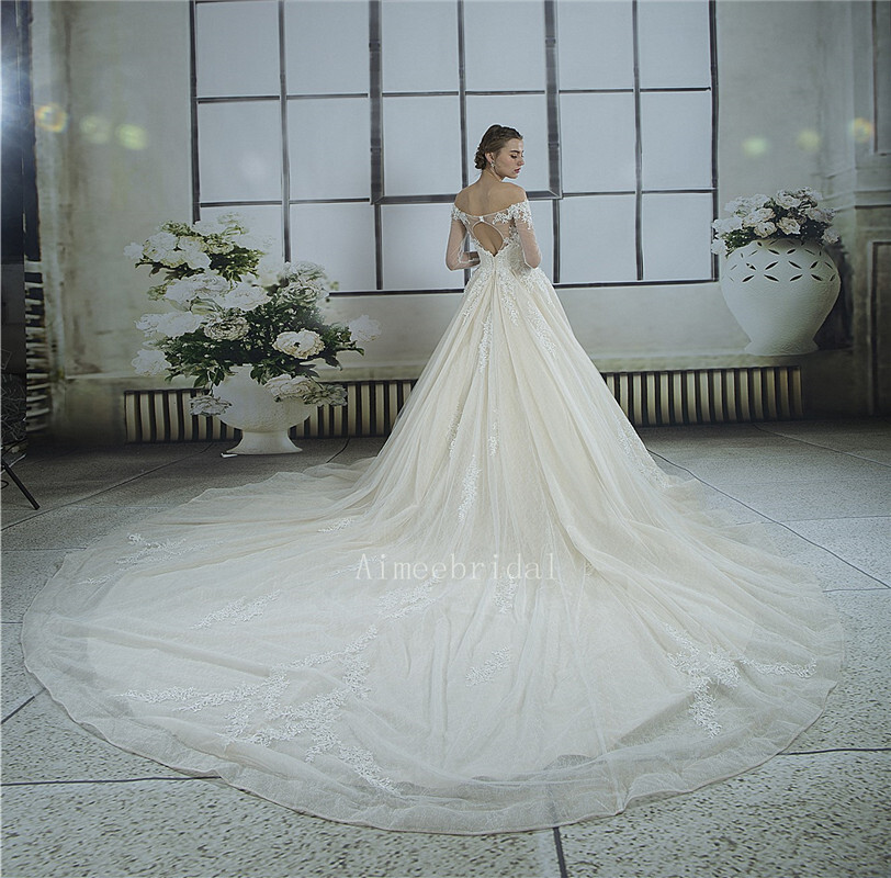 A-line /Ball Gown  bateau neckline watteau Train lace /tulle / wedding dress gown with beading/Appliques/hollowed-out back
