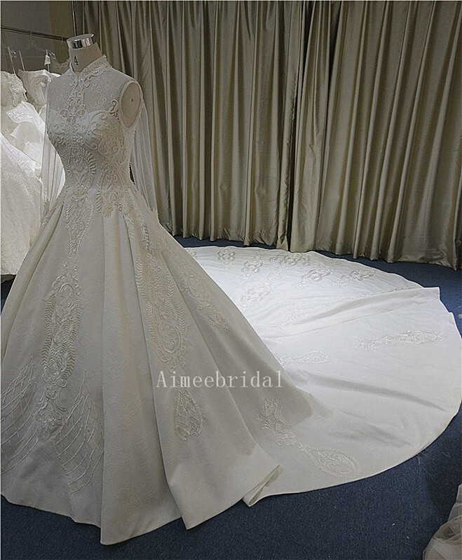 A-line/Ball Gown high neck sweep Watteau Train Lace sequined over the satin/  maufacturing wedding Dresses with pleated /lace up back