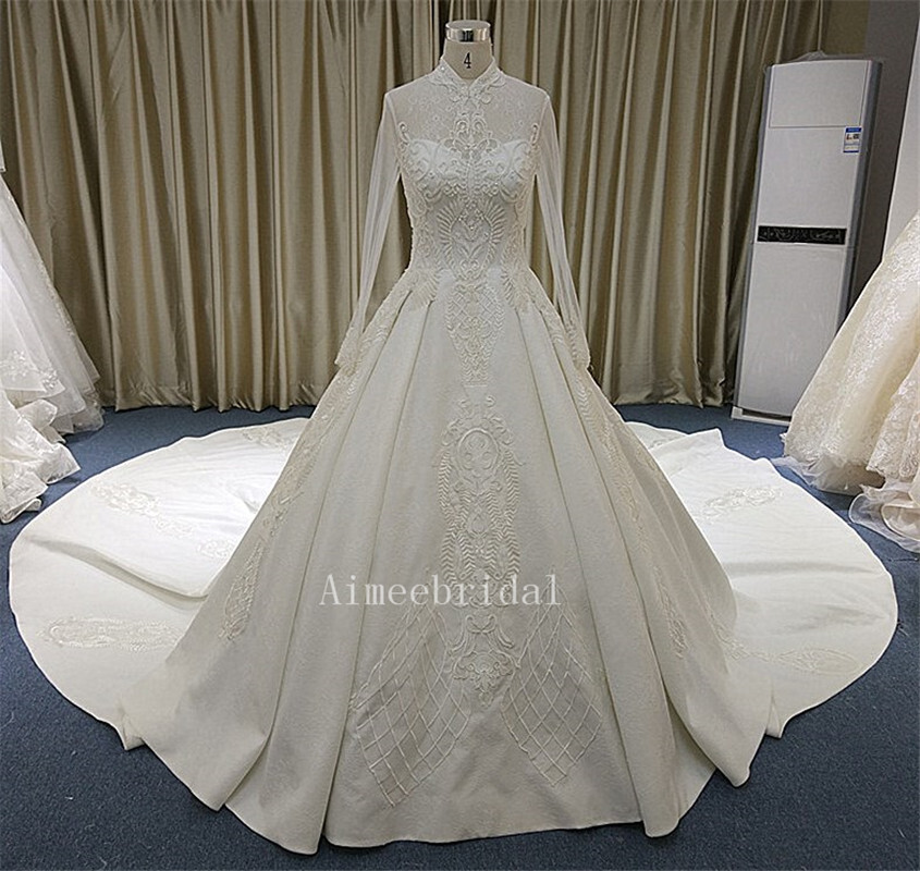 A-line/Ball Gown high neck sweep Watteau Train Lace sequined over the satin/  maufacturing wedding Dresses with pleated /lace up back