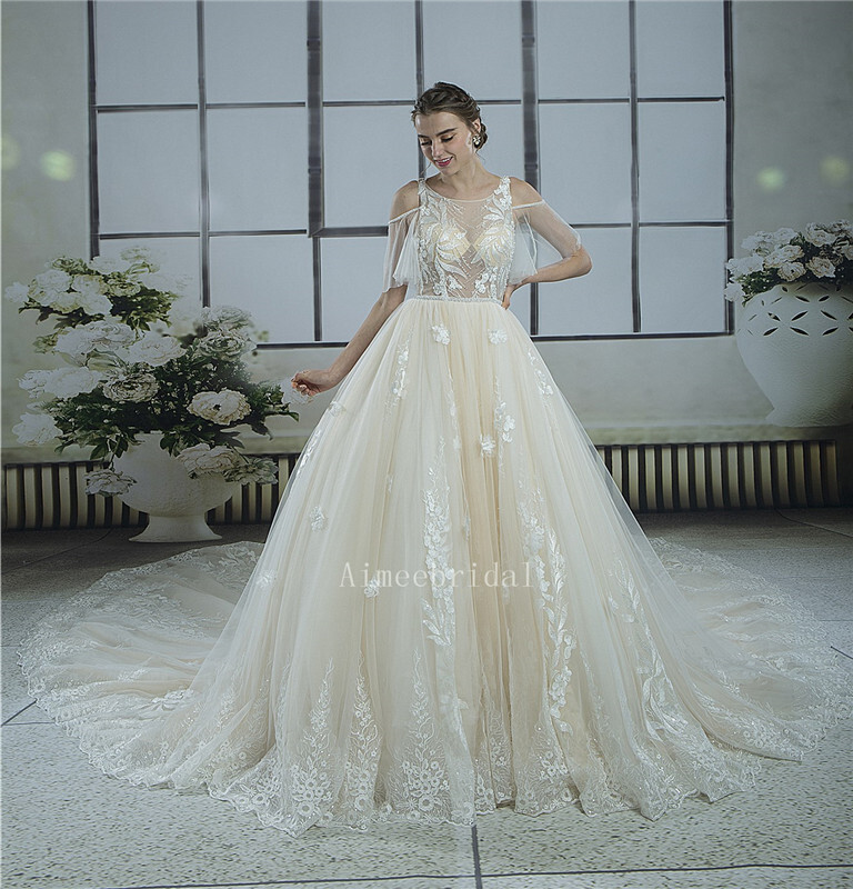 Ball Gown  Jewel neck watteau Train lace /tulle / wedding dress with beading/Appliques/Transparent back