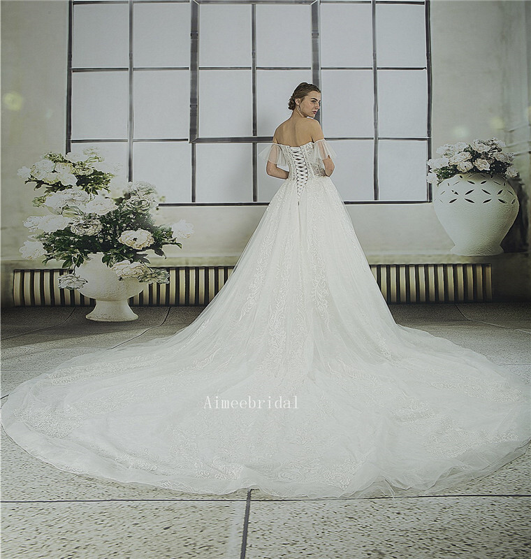 Ball Gown sweetheart neck off shoulder watteau Train lace over the Taiwan satin/princess wedding dress with beading/flare sleeves/Appliques/lace up back