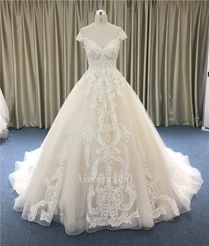A-line/Ball Gown V neckline off shoulder cathedral Train Lace/tulle   manufacturing wedding Dresses with beading/sequined /lace up back