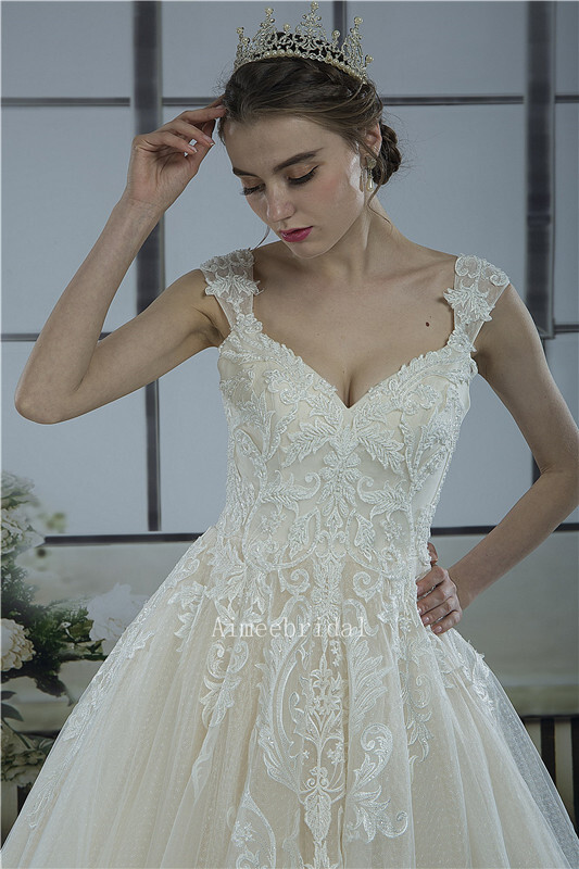 A-line/Ball Gown V neckline off shoulder cathedral Train Lace/tulle   manufacturing wedding Dresses with beading/sequined /lace up back