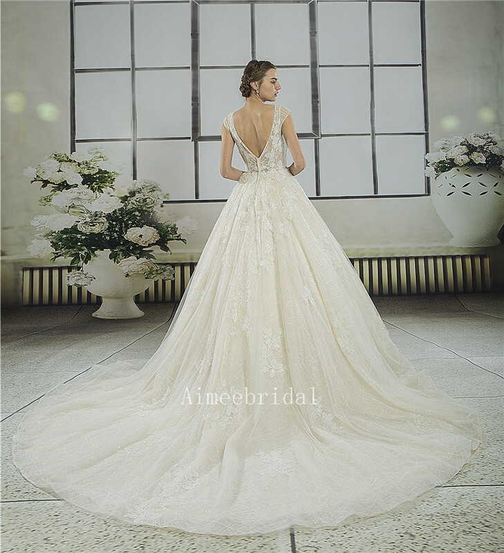 A-line/Ball Gown V neckline strap cathedral Train french Lace/tulle    Bridalwedding Dresses with ruffle/crystal/low-cut back.