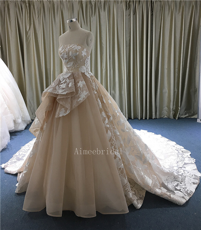 A-line/Ball Gown strapless cathedral watteau french lace /tulle custom wedding dress with irregular ruffle  gown/ lace-up back