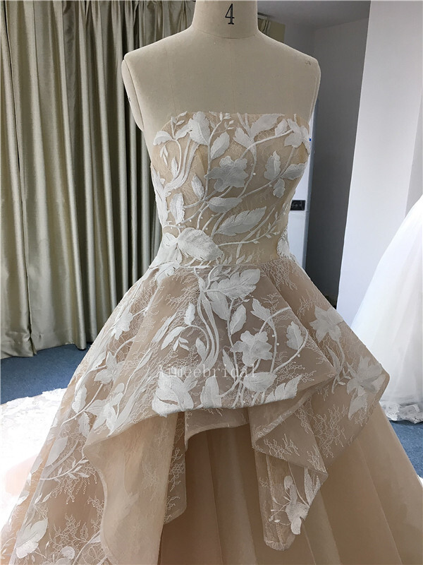 A-line/Ball Gown strapless cathedral watteau french lace /tulle custom wedding dress with irregular ruffle  gown/ lace-up back