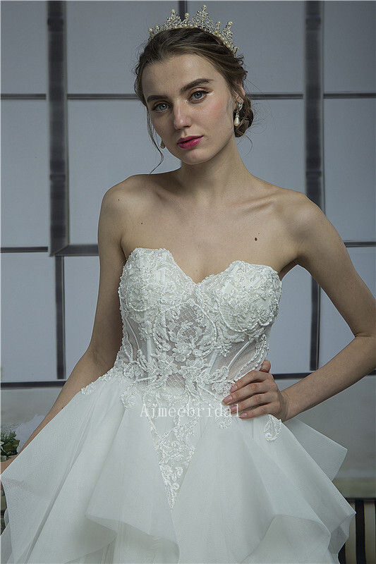 A-line/Ball Gown sweetheart neckline wedding dress chapel Train Lace/organza/tulle   manufacturing wedding Dresses with Cascading Ruffles  /lace up back