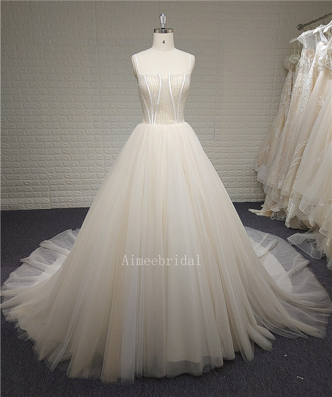 A-line/Ball Gown square cathedral train tulle custom wedding dress with sparkle beading/crystal/low-cut back.