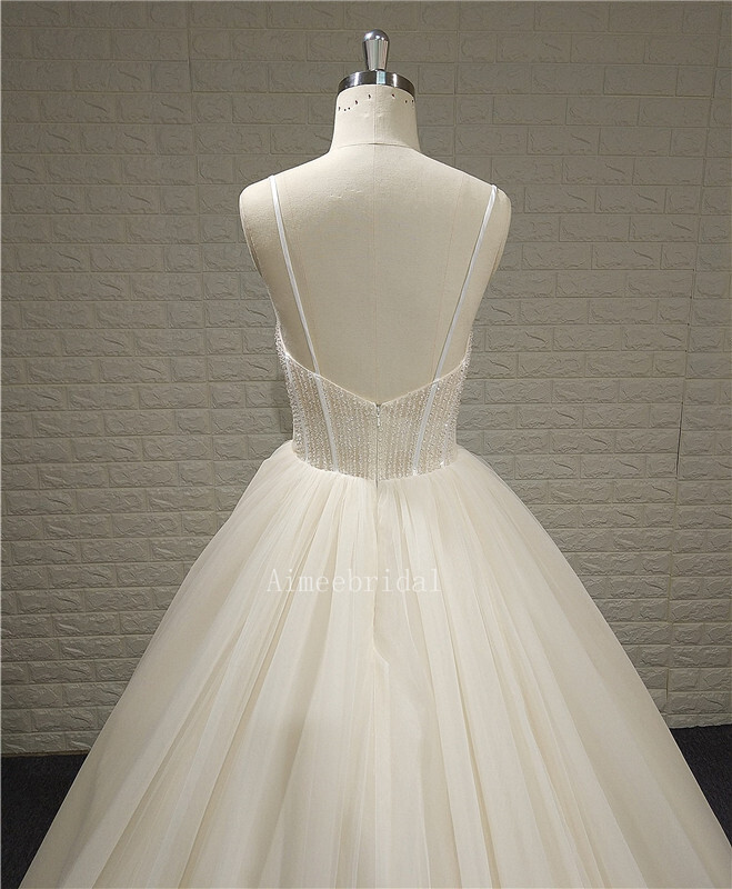 A-line/Ball Gown square cathedral train tulle custom wedding dress with sparkle beading/crystal/low-cut back.
