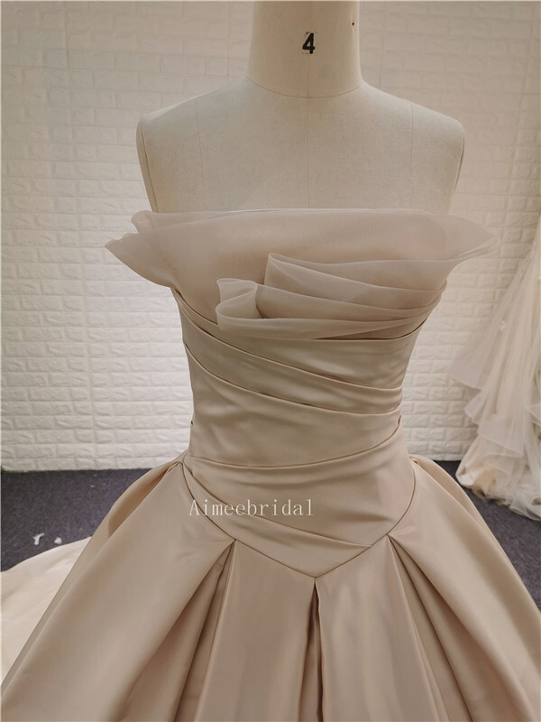 A-line/Ball Gown strapless chapel train satin/organza/ pleated custom wedding dress with lace-up back.