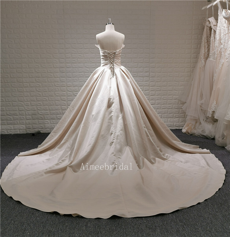 A-line/Ball Gown strapless chapel train satin/organza/ pleated custom wedding dress with lace-up back.