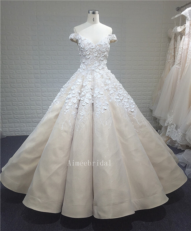 A-line/Ball Gown sweetheart off shoulder chapel train lace wedding dress/flare ruffle custom wedding dress with sparkle beading/crystal/appliques.