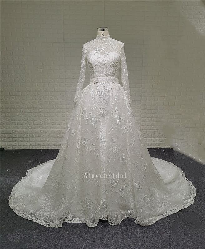 A-Line /memaid dress high neckline cathedral detachable train tulle/  high quaulity pieces french lace wedding dress with crystal/pearl/appliques/button back.