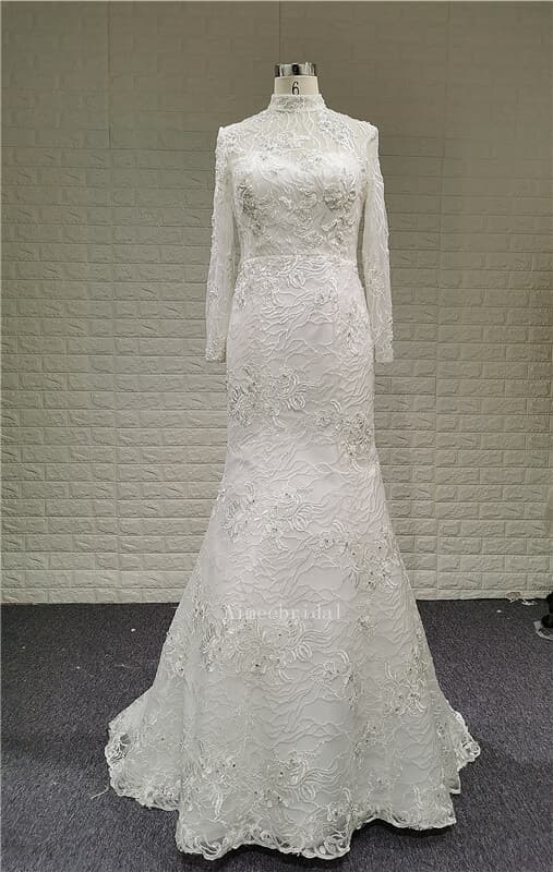 A-Line /memaid dress high neckline cathedral detachable train tulle/  high quaulity pieces french lace wedding dress with crystal/pearl/appliques/button back.