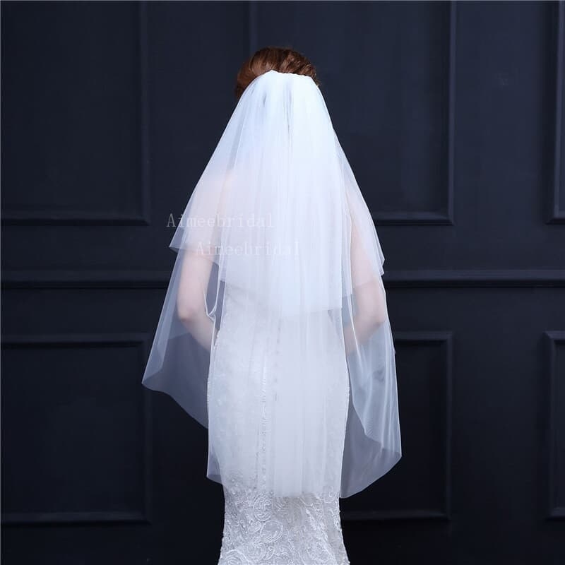 Two layers soft tulle plain veil with waist length
