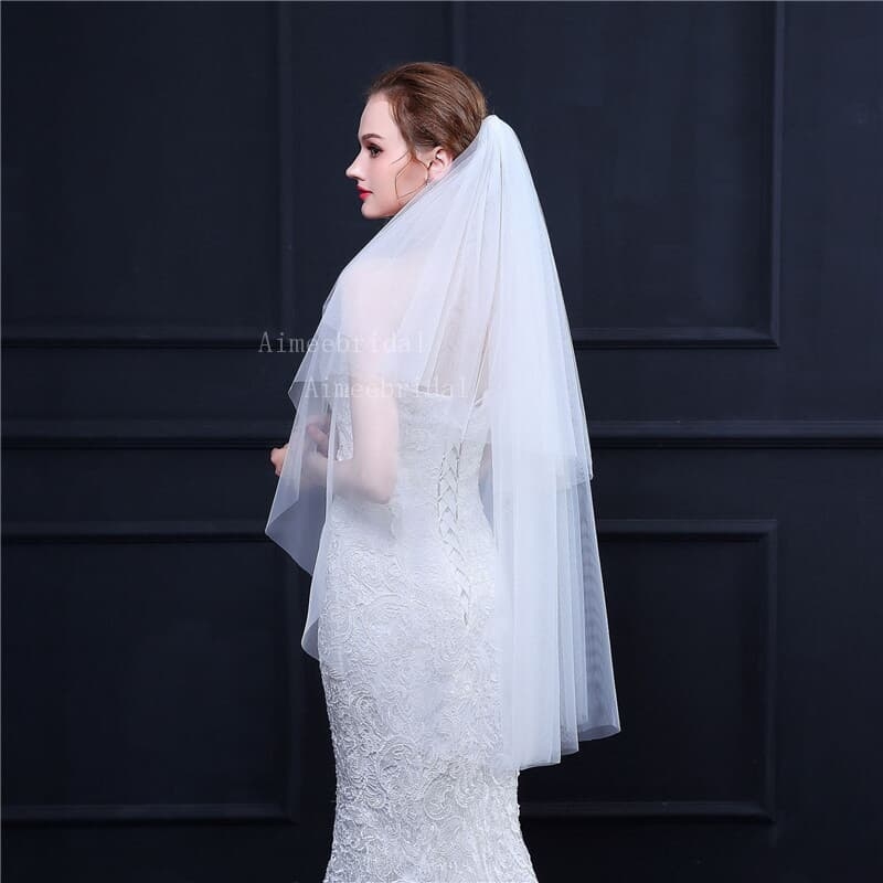 Two layers soft tulle plain veil with waist length