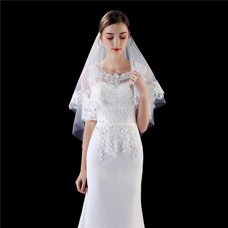 bone lace emboridery with two layers soft tulle lace to waist length /match wedding gown 