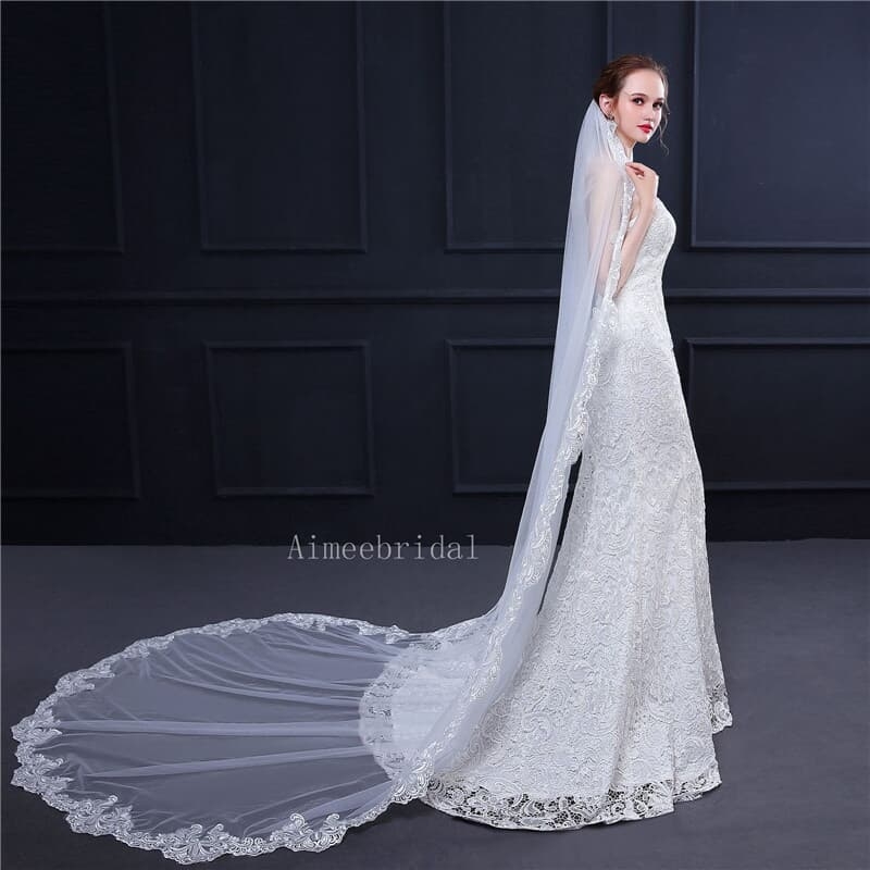 one layer 3 metre soft tulle veils with  french lace edge   embroidery