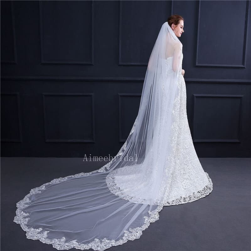 one layer 3 metre soft tulle veils with  french lace edge   embroidery