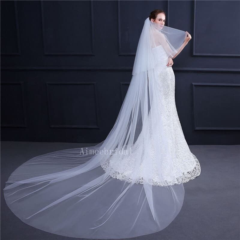 Very simple two layers tulle veil with long train to match wedding   dress