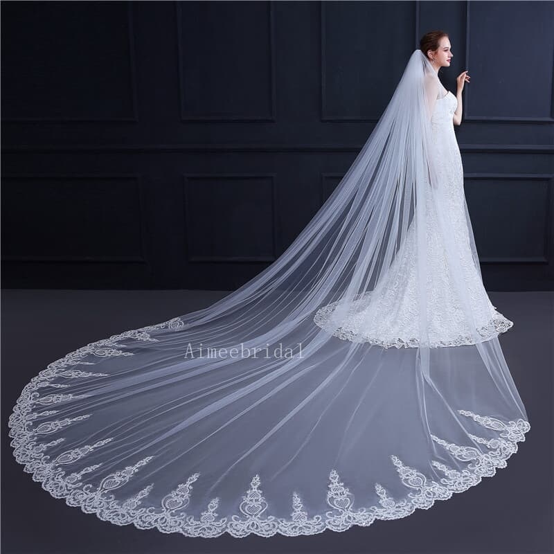 one layer new bride taiwan tulle veil with 3 metre cathedrai   train /high bone lace edge to match bridal gown