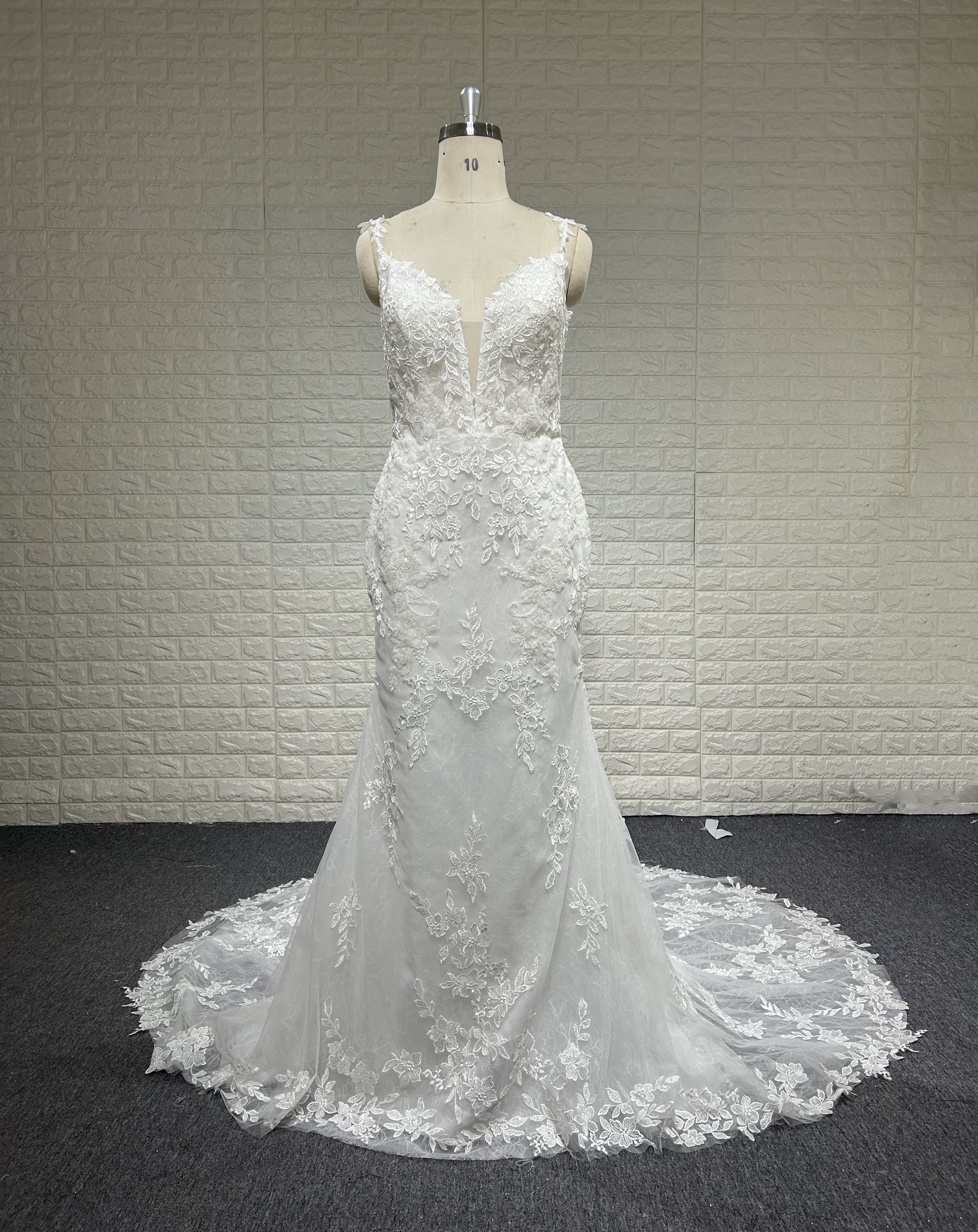  Thin strap Mermaid wedding dress / Trumpet V bateau Neck Chapel Train wedding gown  Lace decorative with Pearl/Appliques