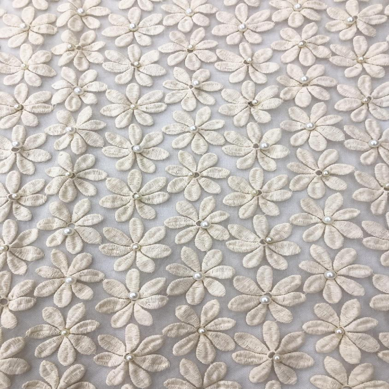 Elegant White Floral Pattern with Pearl Plain Embroidery Fabric HKP1678 fashion fabric,plain embroidery,embroidery factory