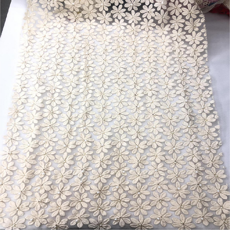 Elegant White Floral Pattern with Pearl Plain Embroidery Fabric HKP1678 fashion fabric,plain embroidery,embroidery factory
