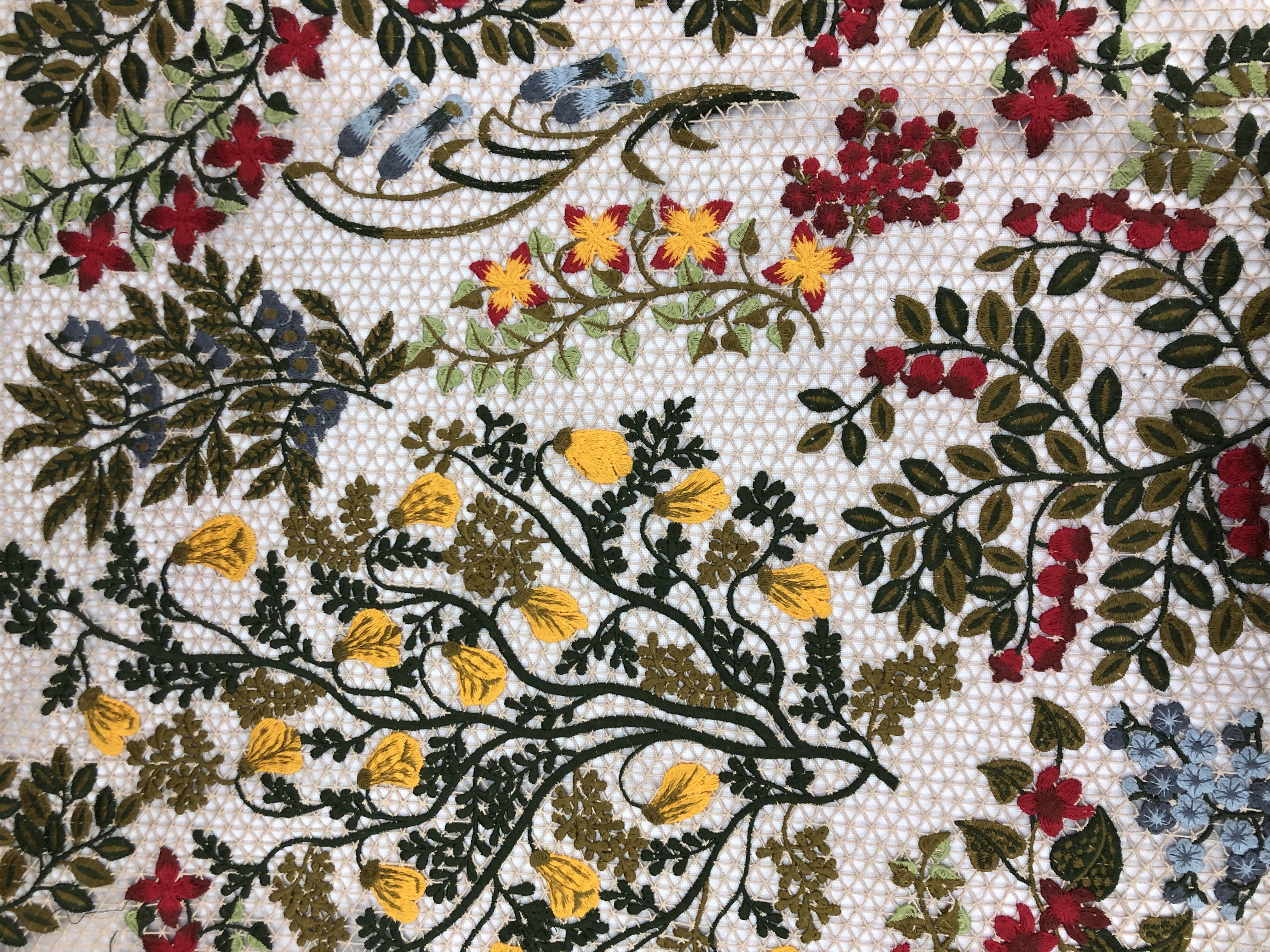 Creative Multi-colored Flowers and Leaf Pattern with Grid Base Chemical Embroidery Fabrics HKC8220 embroidery factory,textile factory