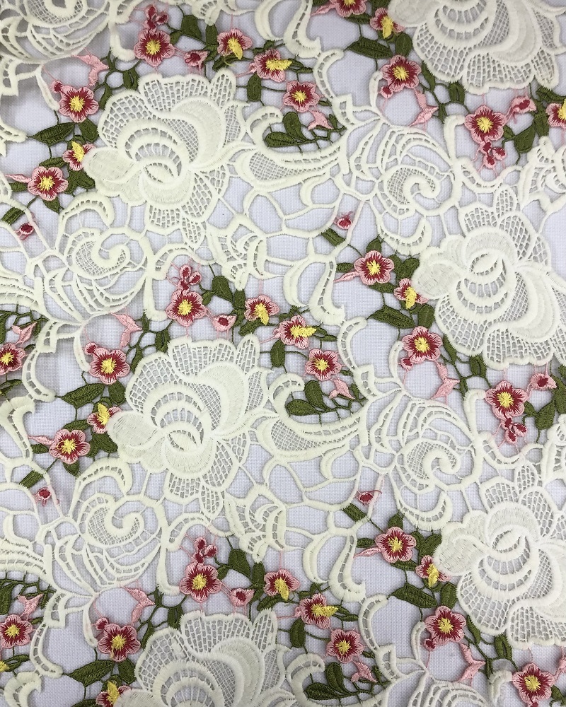 Multi-colored Flowers and Leaves Pattern Chemical Embroidery Fabric for Lady Dress HKC7075 flower fabric,embroidery fabric,textile company