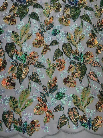 Multi-Colored Leaf Pattern Sequins Embroidery Fabric HKZ1019 multi-colored embroidery fabric,fashion fabric,sequins fabric