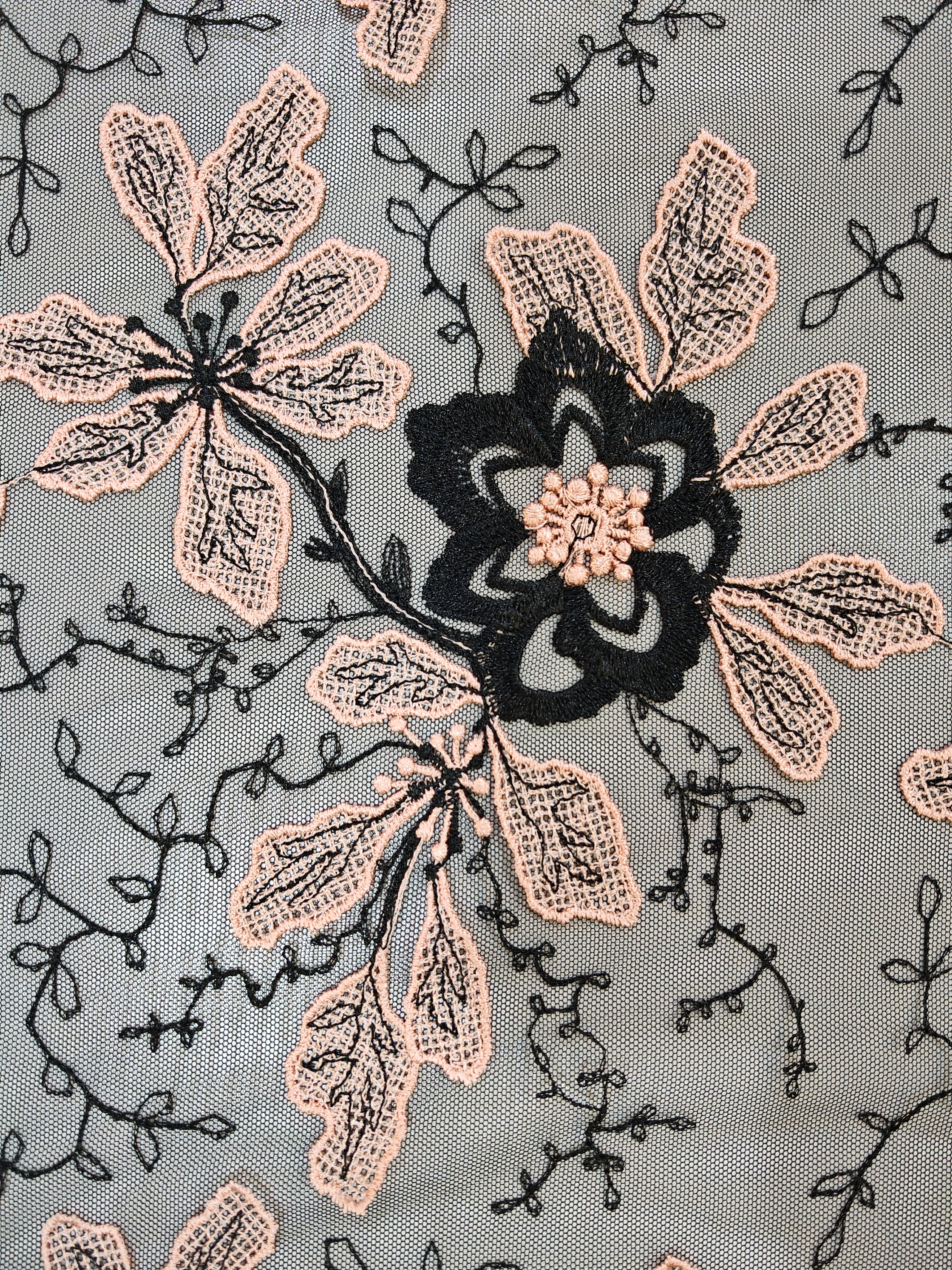 Natural Pink And Black 3D Flower with Plain Embroidery HKP10280 sequins embroidery factory