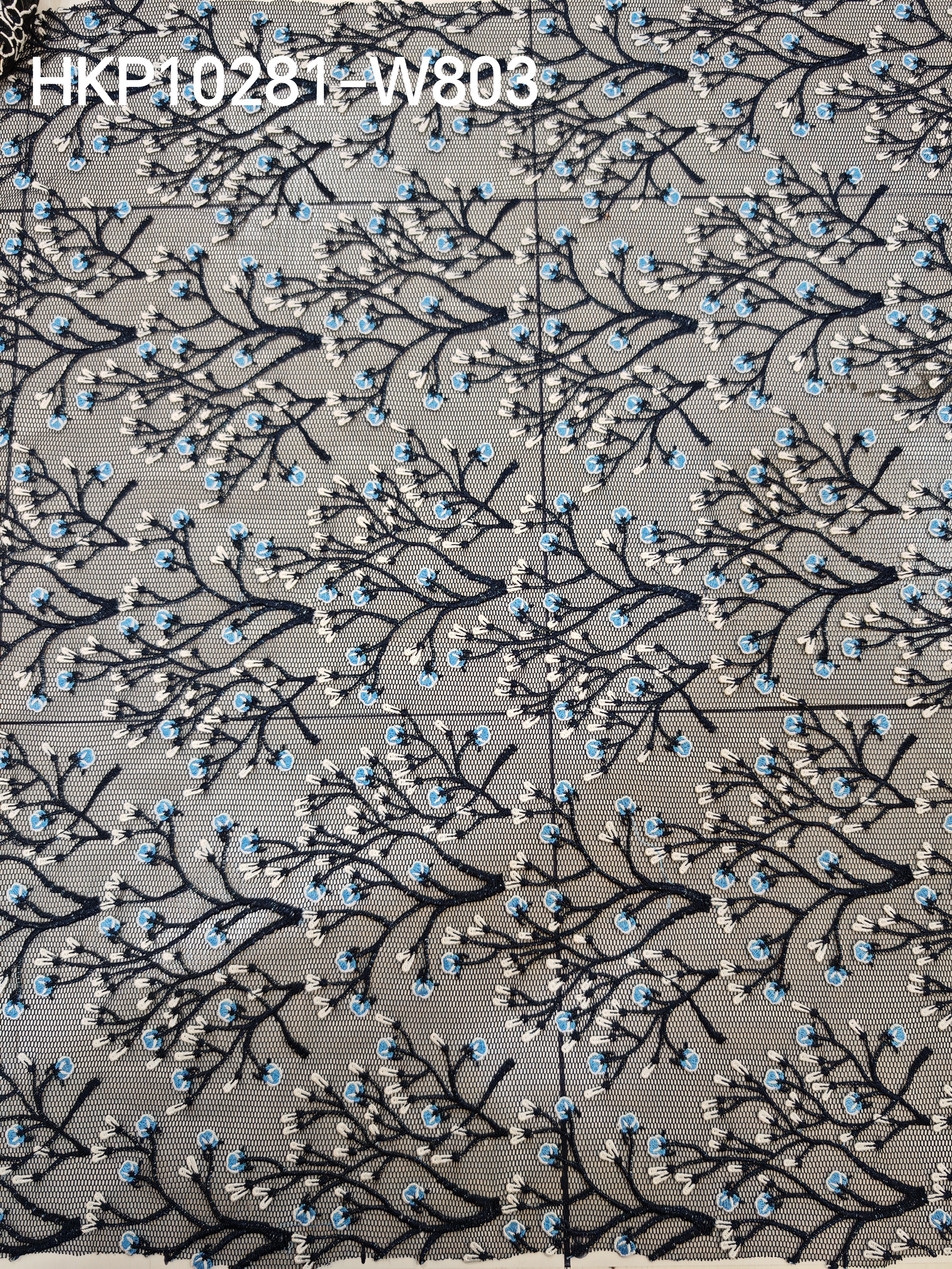 Classical Blue And Black Flower with Black Mesh HKP10281 sequins embroidery factory