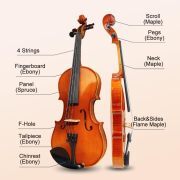 Violin 4/4 Full Set Violin for Beginners & Adults Solid Wood Fiddle with Hard Case Bow Shoulder Rest Strings Flame Maple Spruce Wood (Brown, 4/4)