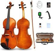 Violin 4/4 Full Set Violin for Beginners & Adults Solid Wood Fiddle with Hard Case Bow Shoulder Rest Strings Flame Maple Spruce Wood (Brown, 4/4)