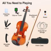 Violin 4/4 Full Set Violin for Beginners & Adults Solid Wood Fiddle with Hard Case Bow Shoulder Rest Strings Flame Maple Spruce Wood (Brown, 4/4)