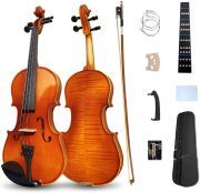 Violin 4/4 Full Set Violin for Beginners & Adults Solid Wood Fiddle with Hard Case Bow Shoulder Rest Strings Flame Maple Spruce Wood (Brown, 4/4)