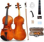 Violin 4/4 Full Set Violin for Beginners & Adults Solid Wood Fiddle with Hard Case Bow Shoulder Rest Strings Flame Maple Spruce Wood (Brown, 4/4)