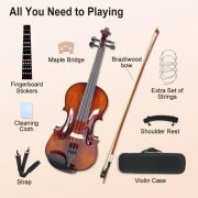 Violin 4/4 Full Set Violin for Beginners & Adults Solid Wood Fiddle with Hard Case Bow Shoulder Rest Strings Flame Maple Spruce Wood (Brown, 4/4)