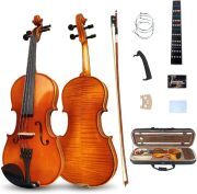 Violin 4/4 Full Set Violin for Beginners & Adults Solid Wood Fiddle with Hard Case Bow Shoulder Rest Strings Flame Maple Spruce Wood (Brown, 4/4)