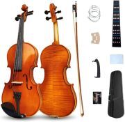 Violin 4/4 Full Set Violin for Beginners & Adults Solid Wood Fiddle with Hard Case Bow Shoulder Rest Strings Flame Maple Spruce Wood (Brown, 4/4)