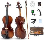 Violin 4/4 Full Set Violin for Beginners & Adults Solid Wood Fiddle with Hard Case Bow Shoulder Rest Strings Flame Maple Spruce Wood (Brown, 4/4)