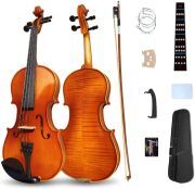 Violin 4/4 Full Set Violin for Beginners & Adults Solid Wood Fiddle with Hard Case Bow Shoulder Rest Strings Flame Maple Spruce Wood (Brown, 4/4)