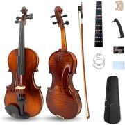 Violin 4/4 Full Set Violin for Beginners & Adults Solid Wood Fiddle with Hard Case Bow Shoulder Rest Strings Flame Maple Spruce Wood (Brown, 4/4)