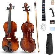 Violin 4/4 Full Set Violin for Beginners & Adults Solid Wood Fiddle with Hard Case Bow Shoulder Rest Strings Flame Maple Spruce Wood (Brown, 4/4)