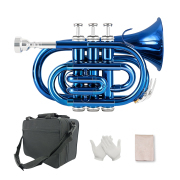 Yinfente Bb Flat Pocket Trumpet Blue Bass Trumpet For Beginner Student With Cleaning cloth Silver plated hard case White gloves