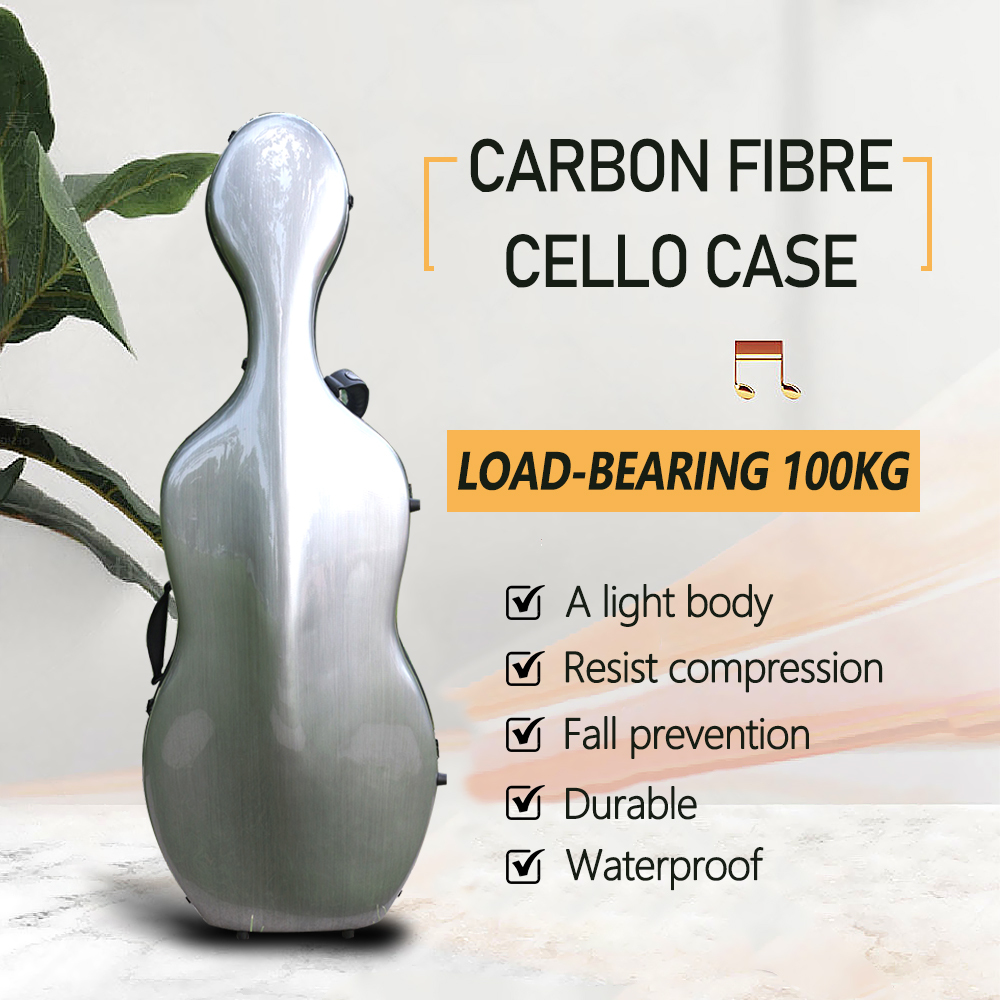Full Size Cello Case Carbon Fiber Cello Box Silver color Strong Light Strap Wheels Yinfente Cello Cases 3.7kg