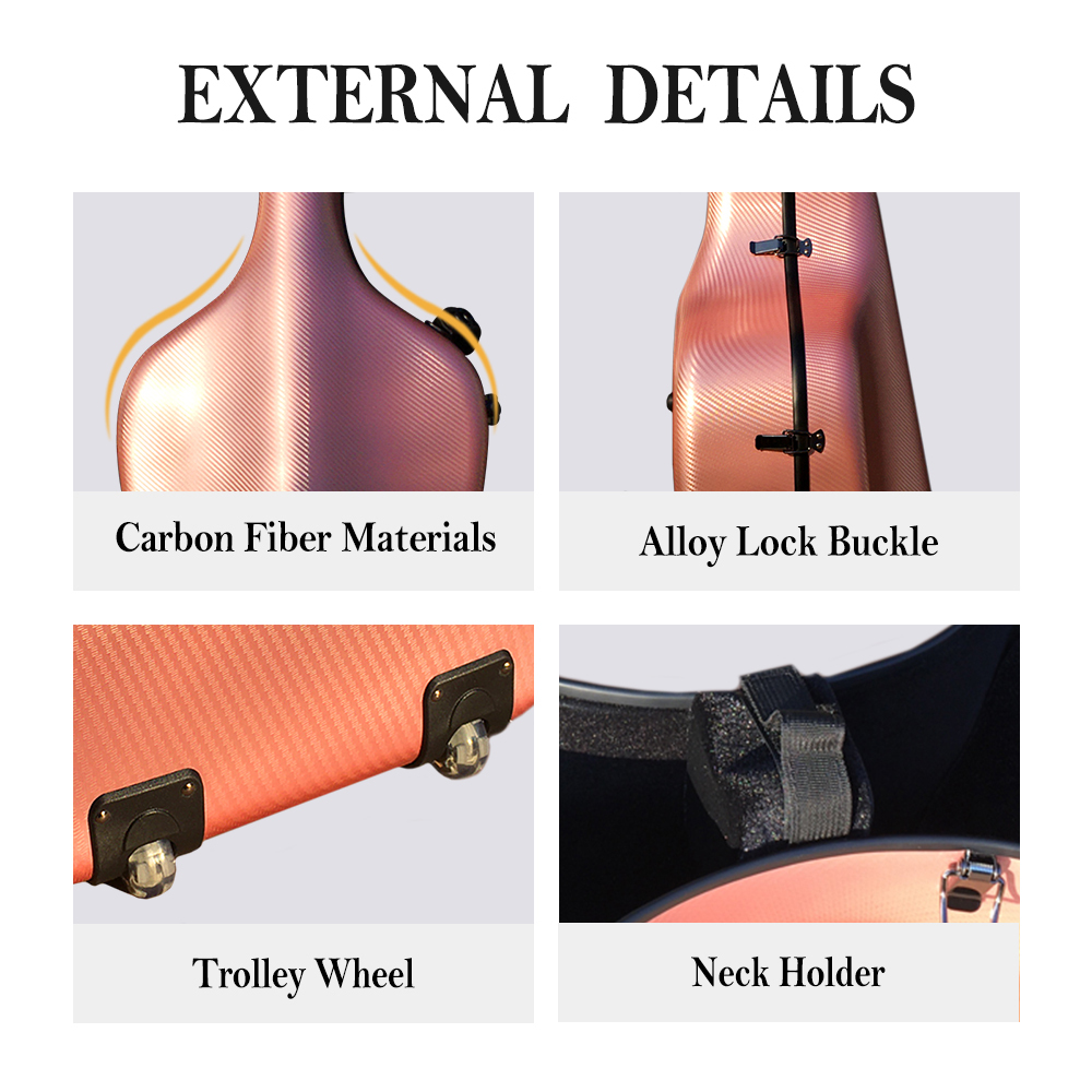 4/4 Full Size Cello Case Carbon Fiber Cello Box For 4/4 Cello Rose gold Strong light Cello Cases 