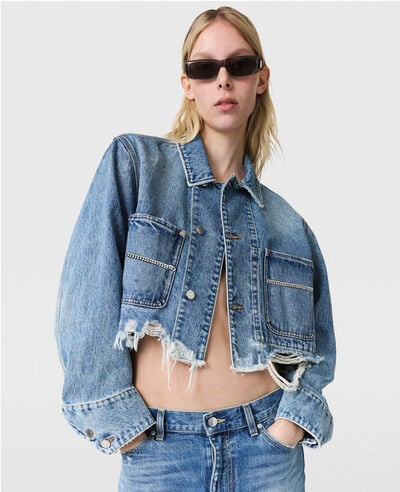 Custom Women's Raw Edge Short Denim Jacket/china jeans factory Raw Edge Short Denim Jacket – Custom Denim Jackets Custom Women's Raw Edge Short Denim Jacket,custom denim jackets,wholesale denim jackets,denim factory